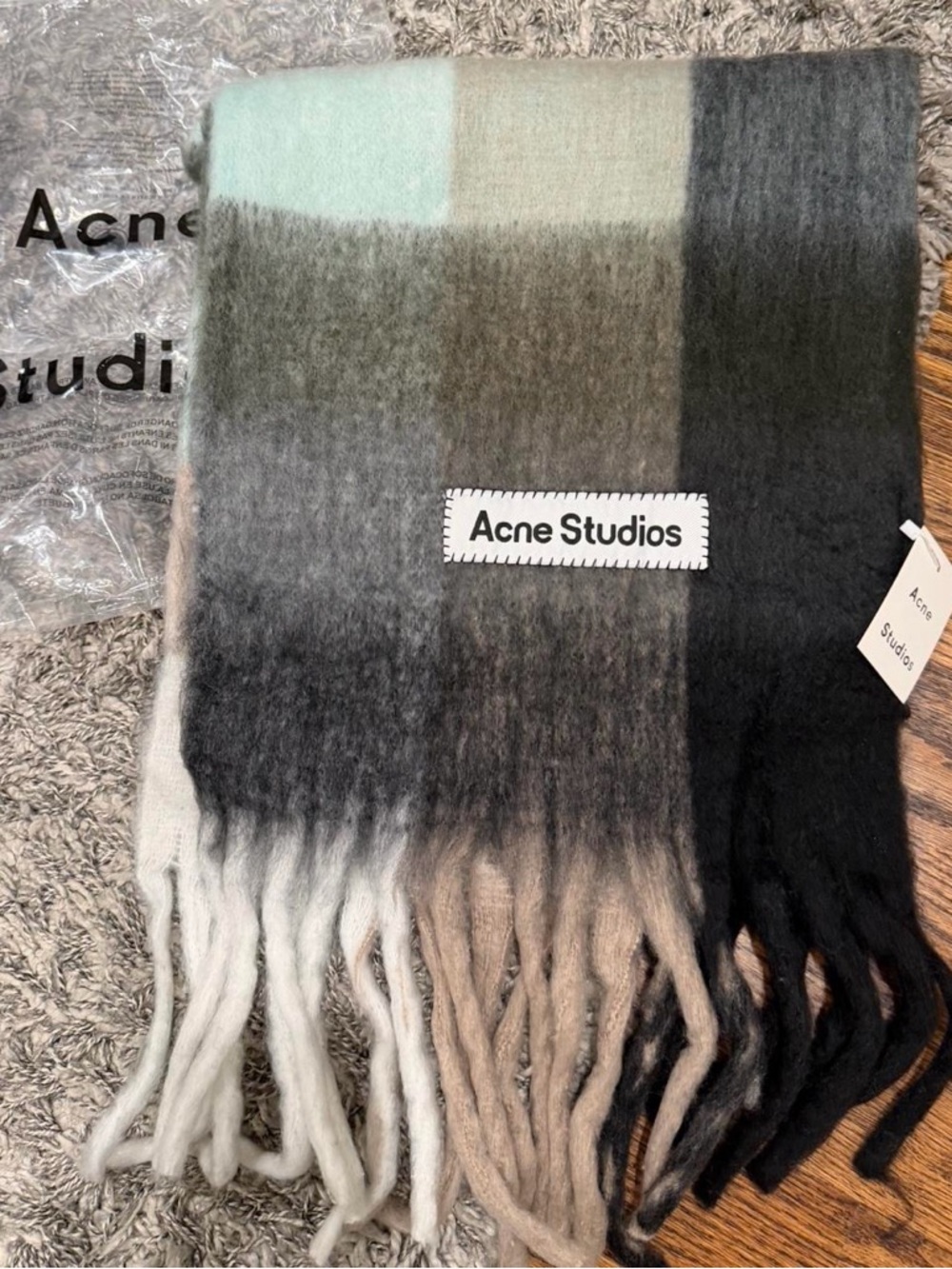 Acne Studios Chunky Ombre Fringe Scarf in Mint, Gray, Beige, Black